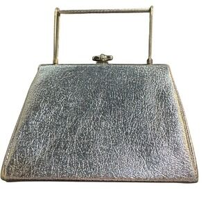 60s Vintage Silver Metallic Top Handle Bag Kiss Lock Evening Purse Retro